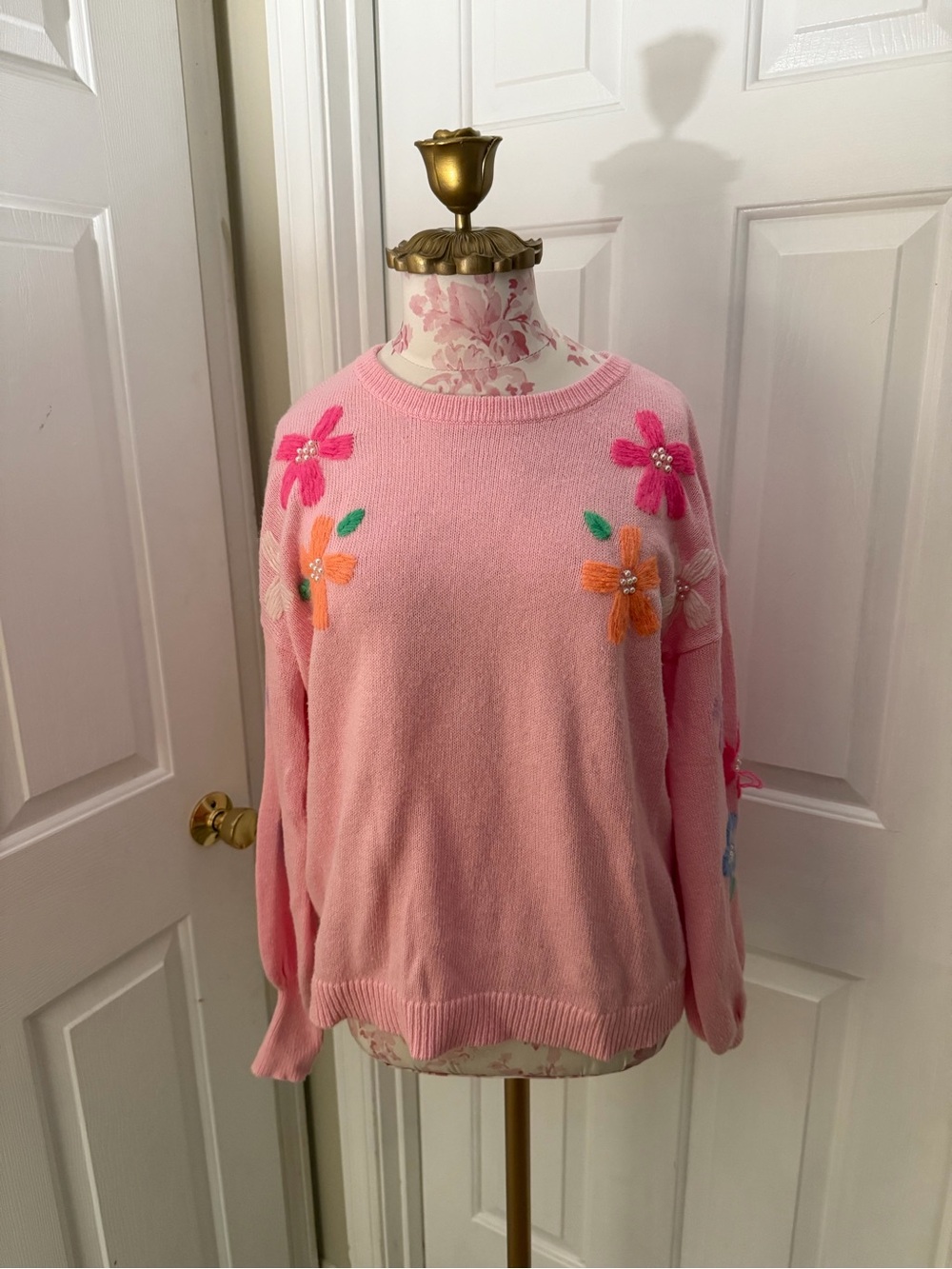 Lilly Pulitzer Pastel Pink Crewneck Sweater with Floral Embellishments